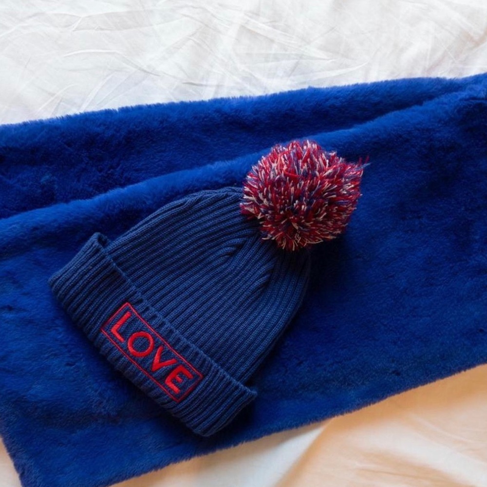 Fluffy blue winter LOVE scarf and LOVE hat combo